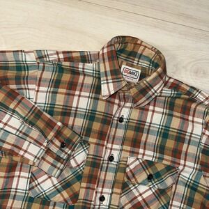 Vintage Big Mike Flannel Shirt Men's Medium Orange Green Plaid USA Cotton Heavy